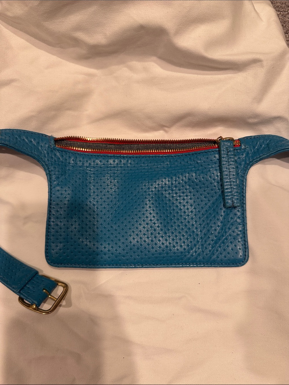 Clare V Bright Blue Perforated Leather Mini Waist Bag
